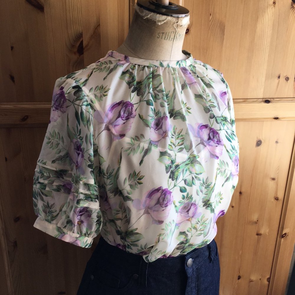 INC Floral Blouse Ivory Purple Green Short Sleeves Camisole Lining Size M